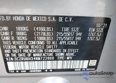 2022 Honda Hr-V Awd Lx z USA, uszkodzony, nr VIN 3CZRU6H34NM722860